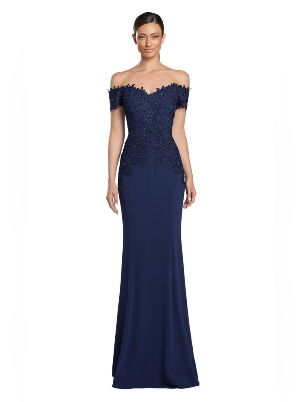 Off-Shoulder Navy Lace floral appliqué Prom/ wedding/ black tie gown - nwt - 2